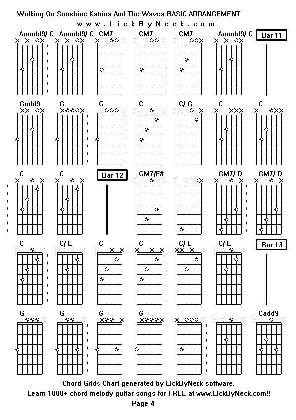 Chord Grids Chart of chord melody fingerstyle guitar song-Walking On Sunshine-Katrina And The Waves-BASIC ARRANGEMENT,generated by LickByNeck software.